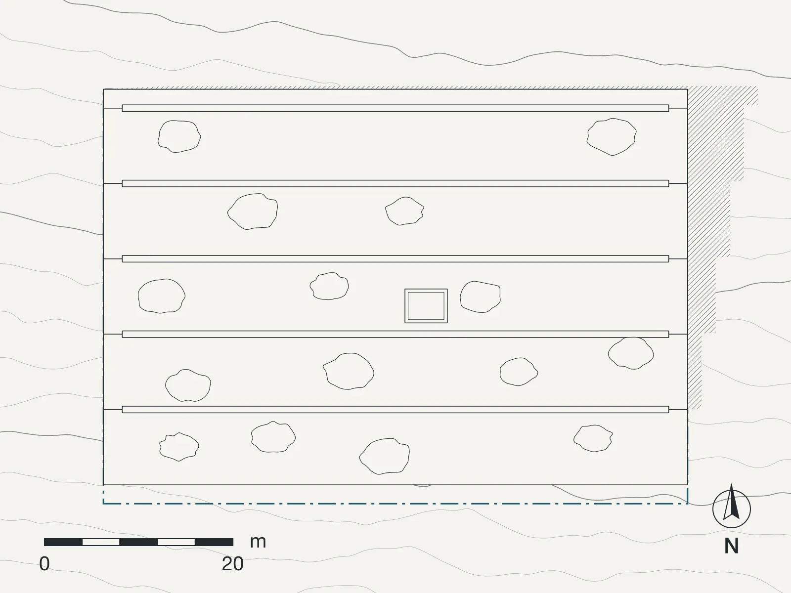 Site plan of Terraces at Anopoli: roofs, shadows, contours and the boundary