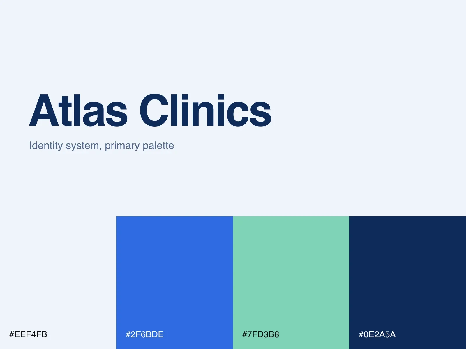 Atlas Clinics brand sheet: wordmark and primary palette