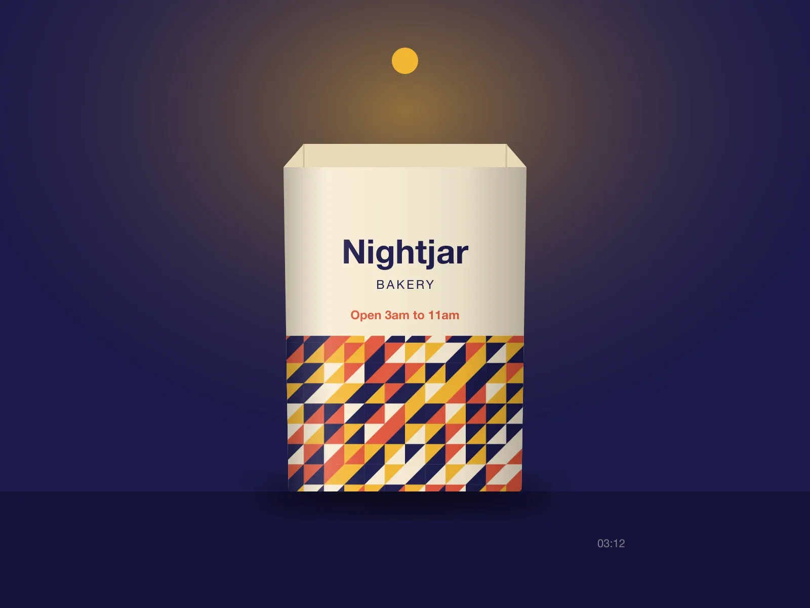 Nightjar Bakery identity applied: a paper bag under a street light