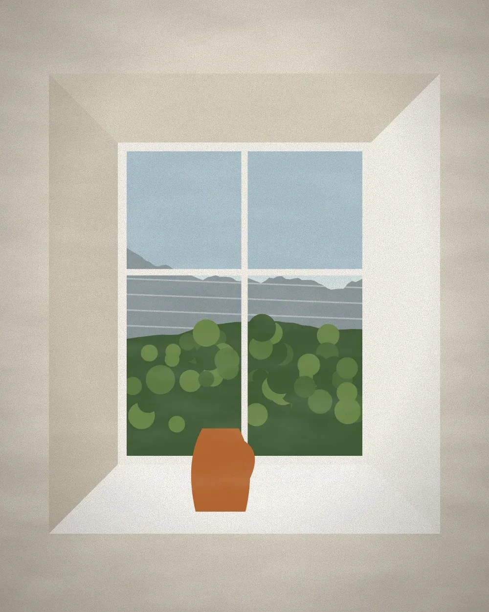 A deep window onto a summer valley with a copper jug on the sill
