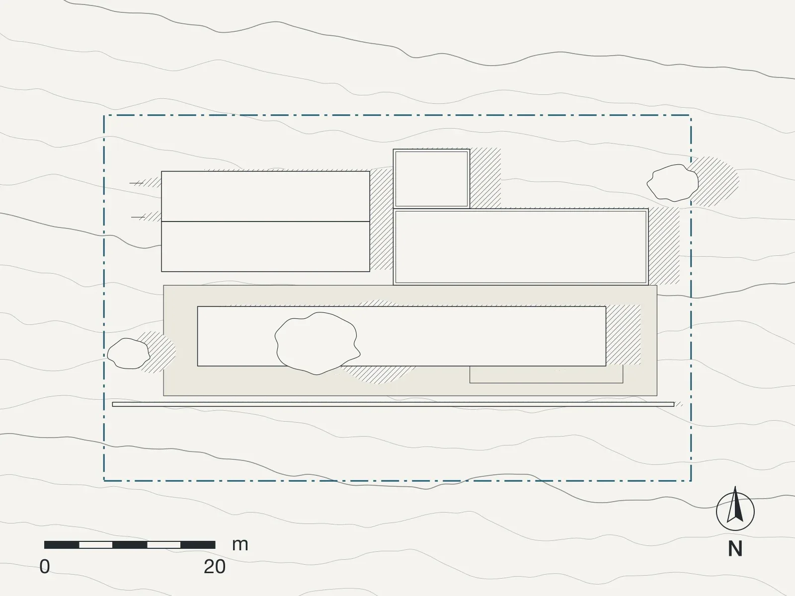 Site plan of Primary school at Vamos: roofs, shadows, contours and the boundary