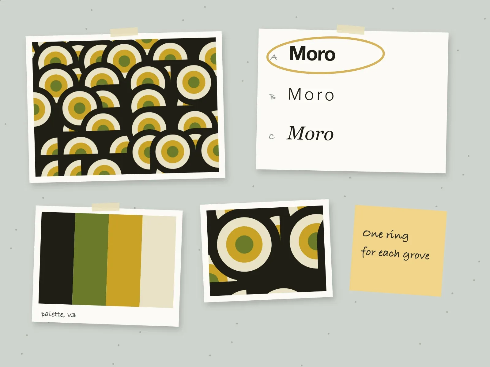 Moro Olive Mill work in progress: the pattern, three wordmark directions with one ringed in gold, the palette and a sticky note pinned to the studio wall