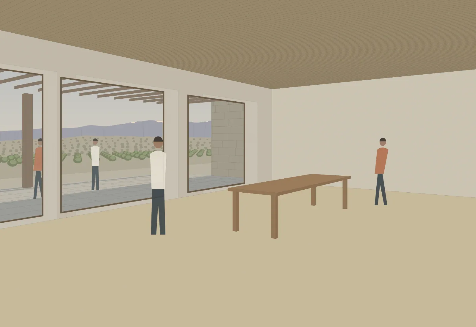 The tasting room at half past five, with the pergola and the vines beyond.
