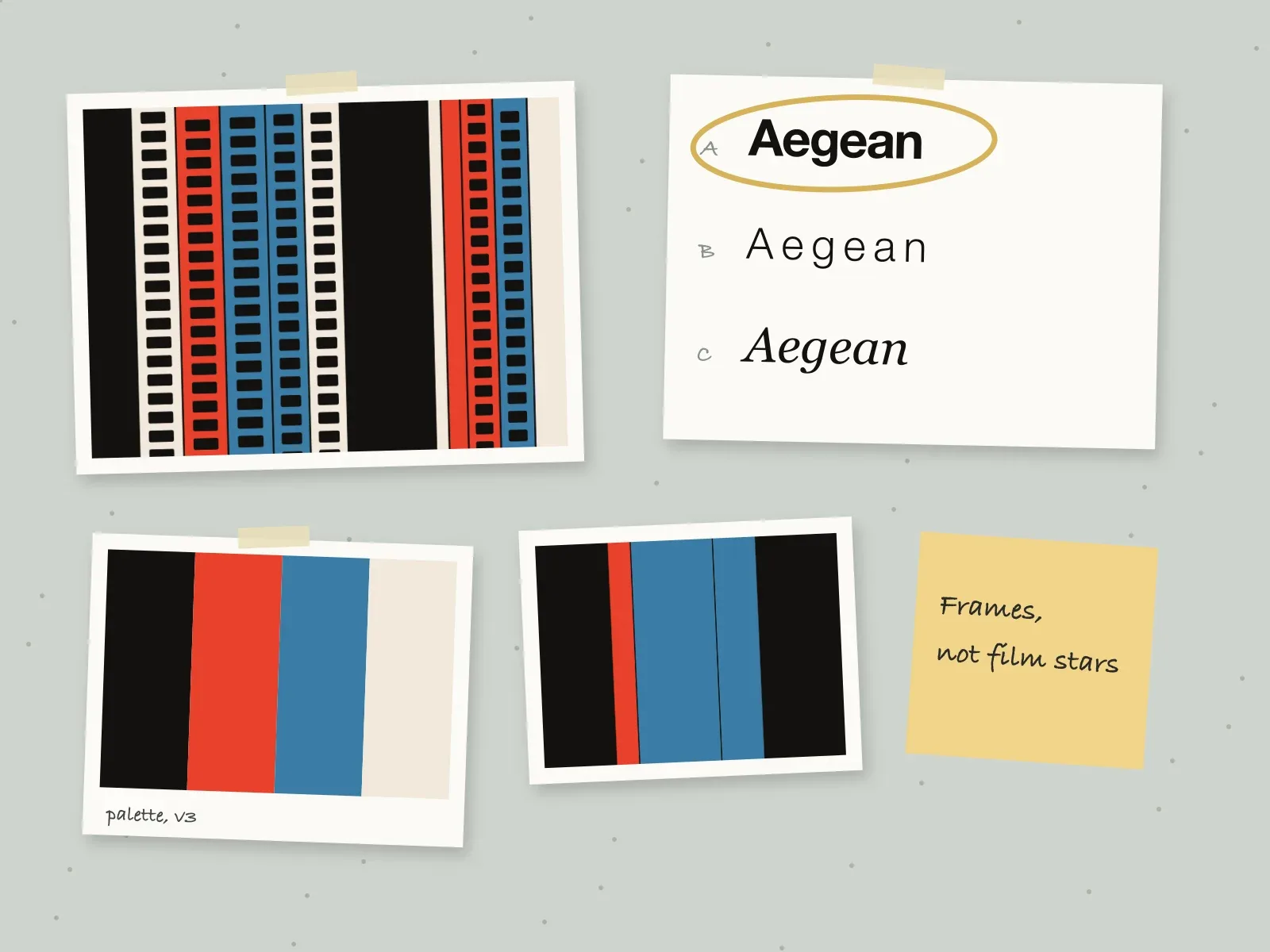 Aegean Film Festival work in progress: the pattern, three wordmark directions with one ringed in gold, the palette and a sticky note pinned to the studio wall