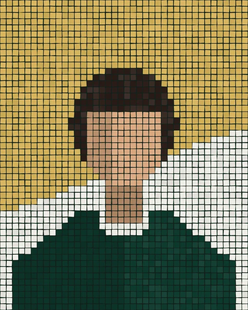 Mosaic portrait of Eleni Markou, founder and creative director, set in small square tiles