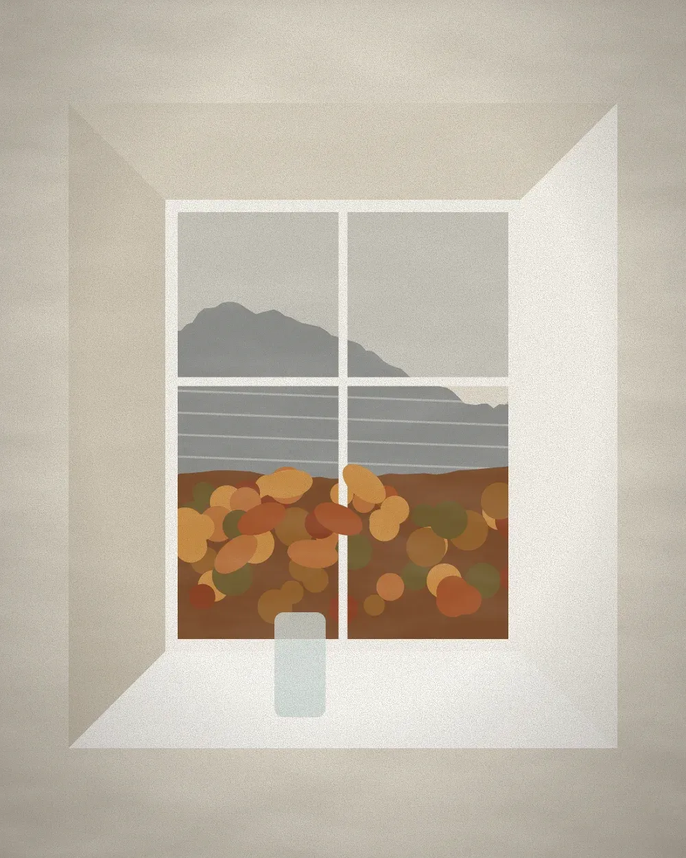 Copper beech forest through a deep window, a glass of autumn leaves on the sill