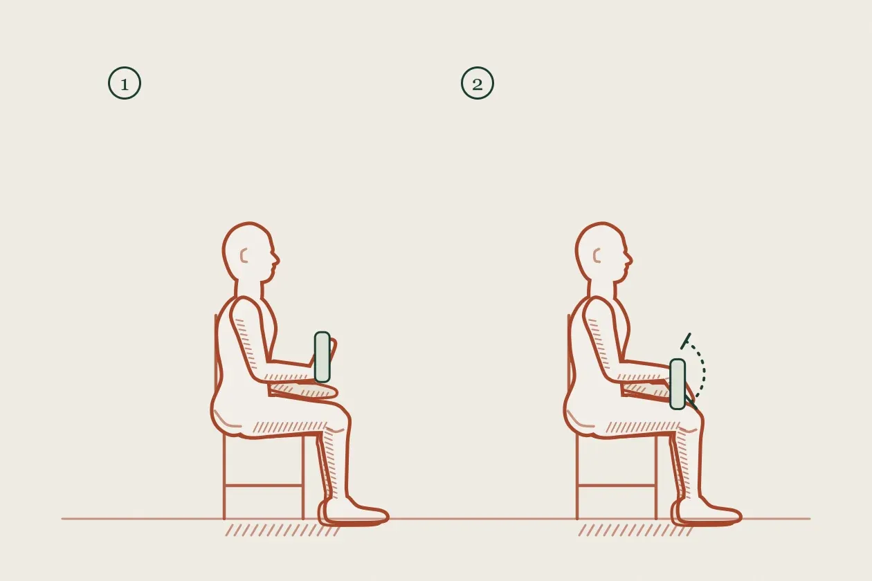 Exercise drawing in two steps: a seated figure with the forearm on the thigh, lifting and slowly lowering a bottle of water
