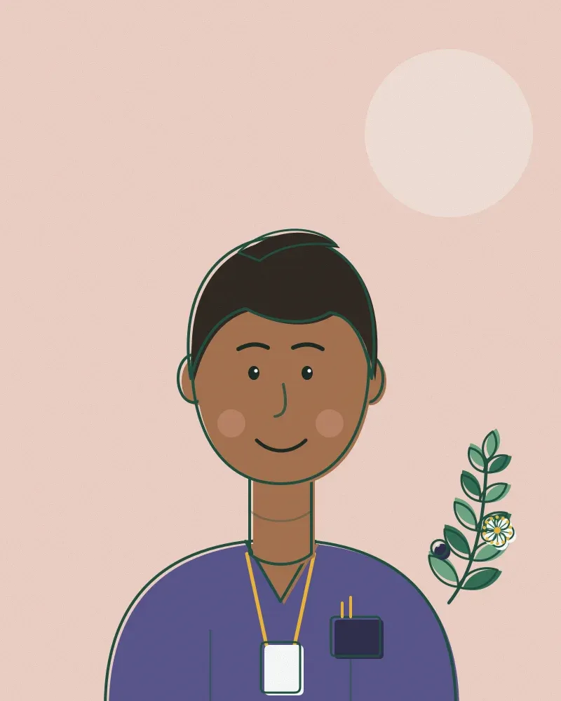 Drawn portrait of Pavlos Nikolaidis, short dark hair, purple scrubs and a lanyard