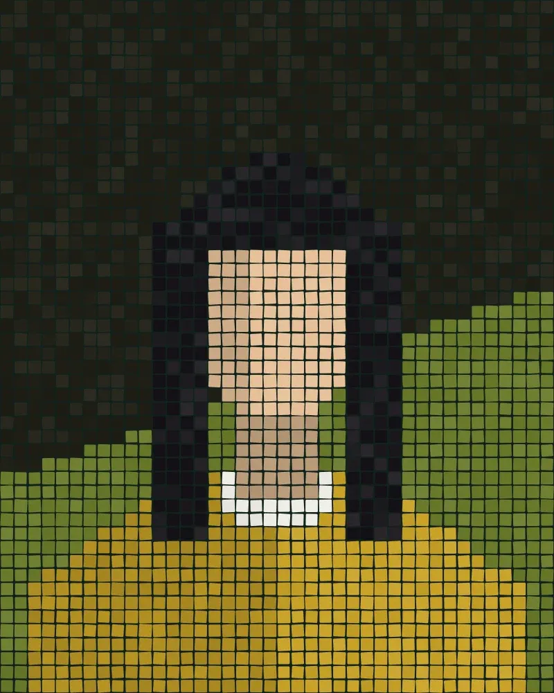 Mosaic portrait of Aiko Hayashi, senior designer, set in small square tiles