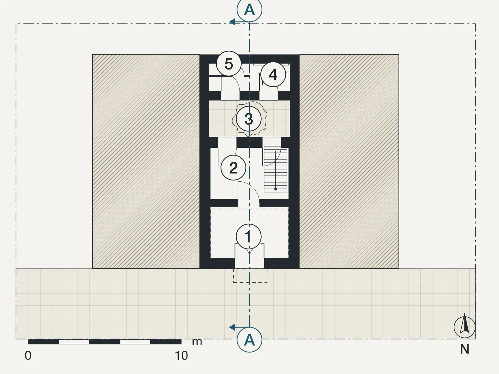 Ground floor plan of House on Theotokopoulou Street, with numbered rooms and the line of section A