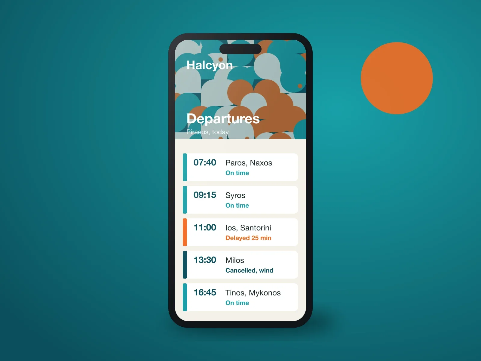 Halcyon Ferries identity applied: the departures app on a phone