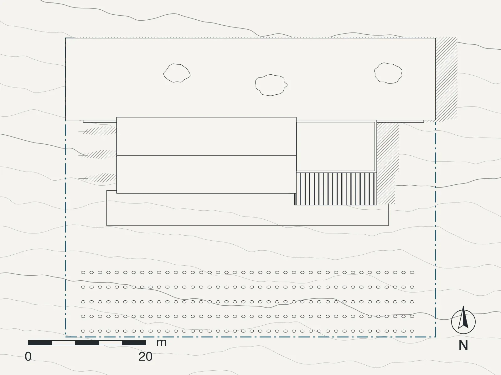 Site plan of Winery at Voukolies: roofs, shadows, contours and the boundary