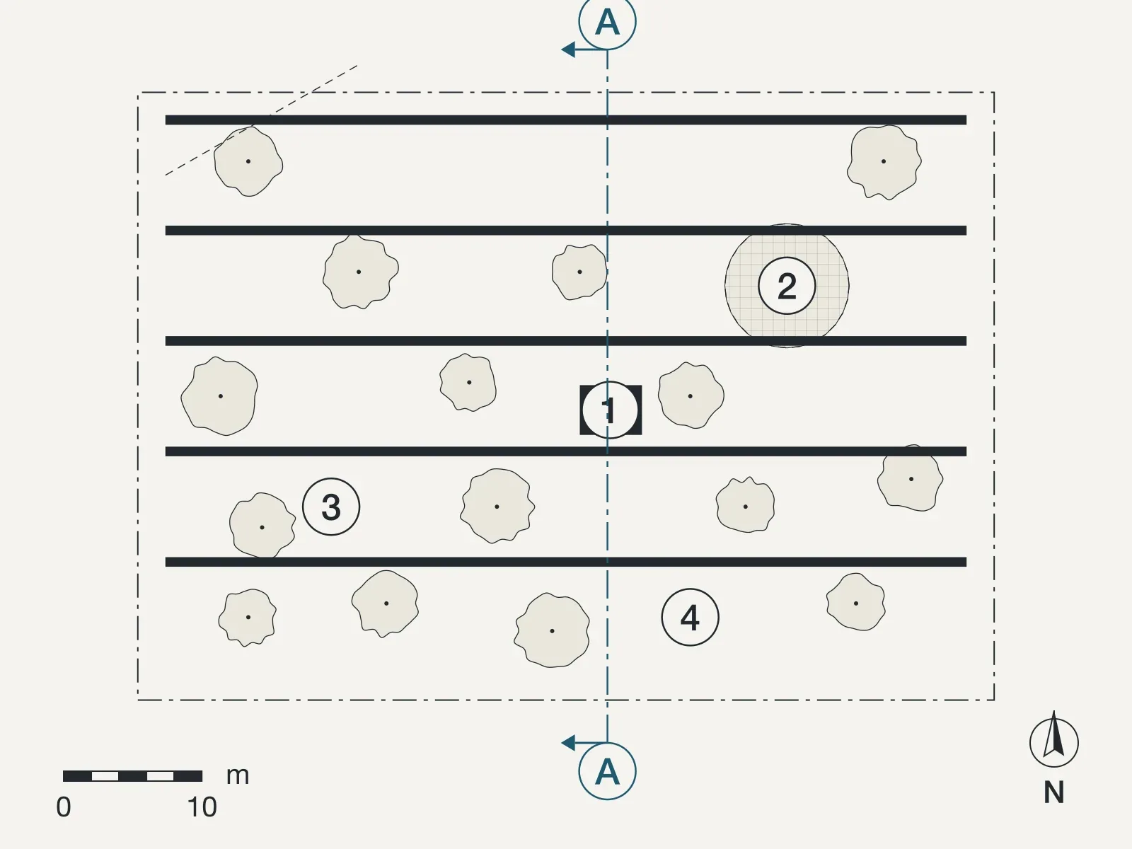 Ground floor plan of Terraces at Anopoli, with numbered rooms and the line of section A