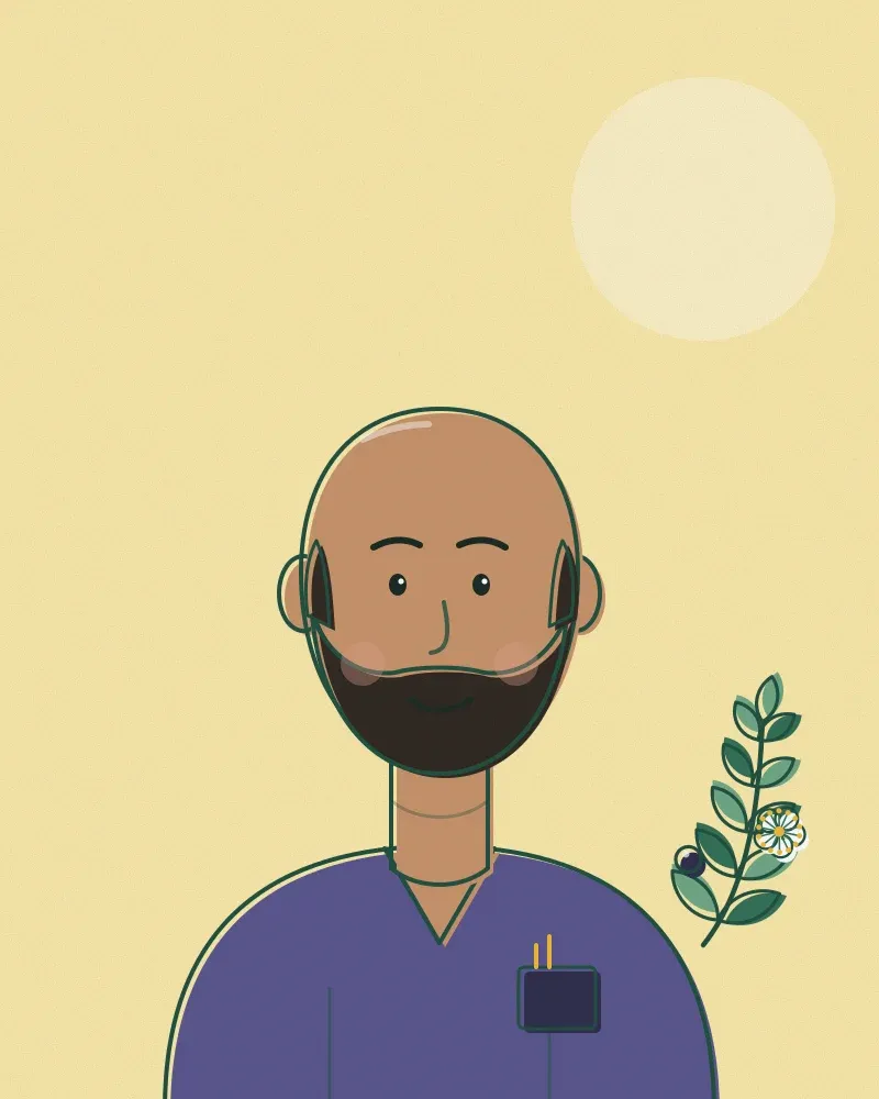 Drawn portrait of Dr Yiorgos Chatzidakis, bald with a dark beard, purple scrubs
