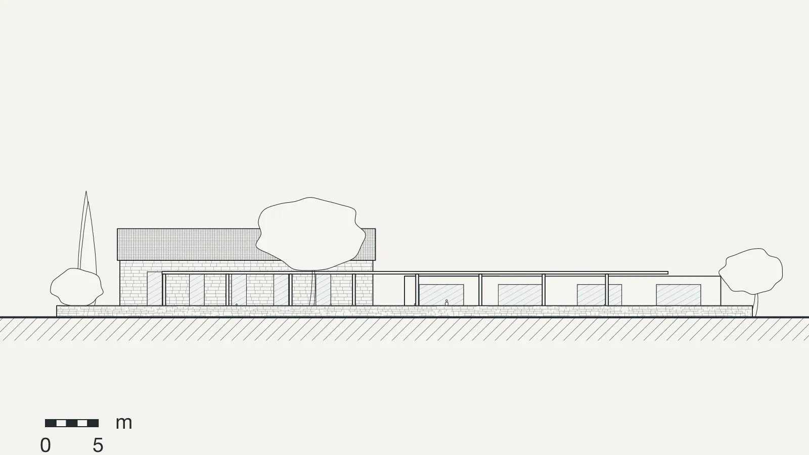 South elevation of Primary school at Vamos, drawn in line