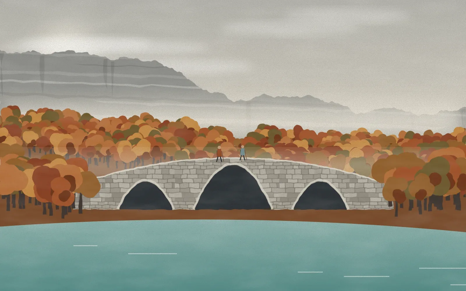 A stone bridge of three arches over a river in autumn, two walkers crossing it