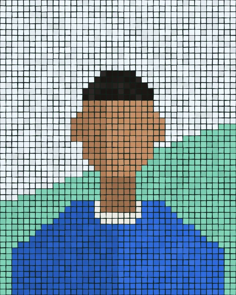 Mosaic portrait of Nikos Stathis, technical lead, set in small square tiles
