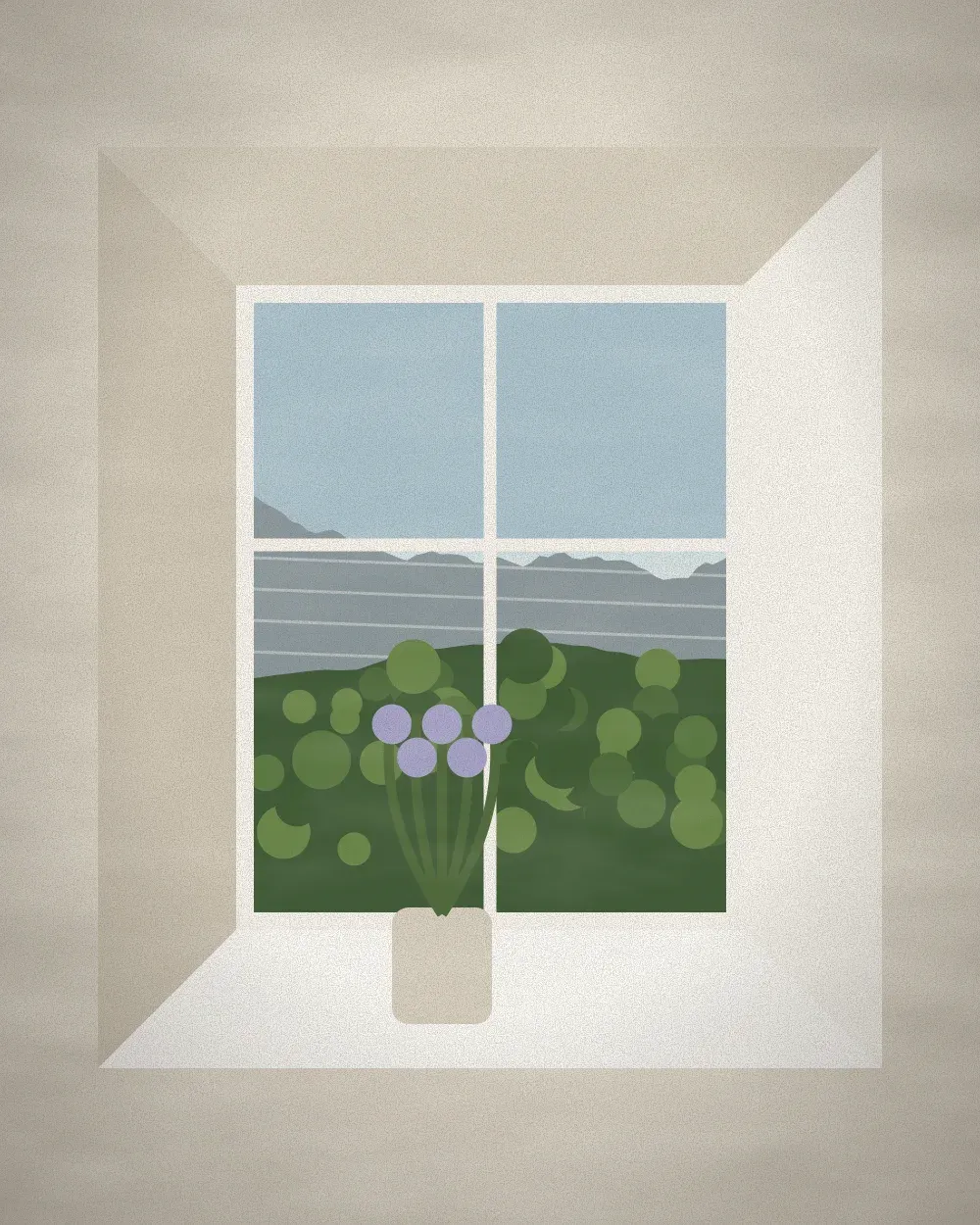Green summer valley and grey cliffs through a deep window, herbs on the sill