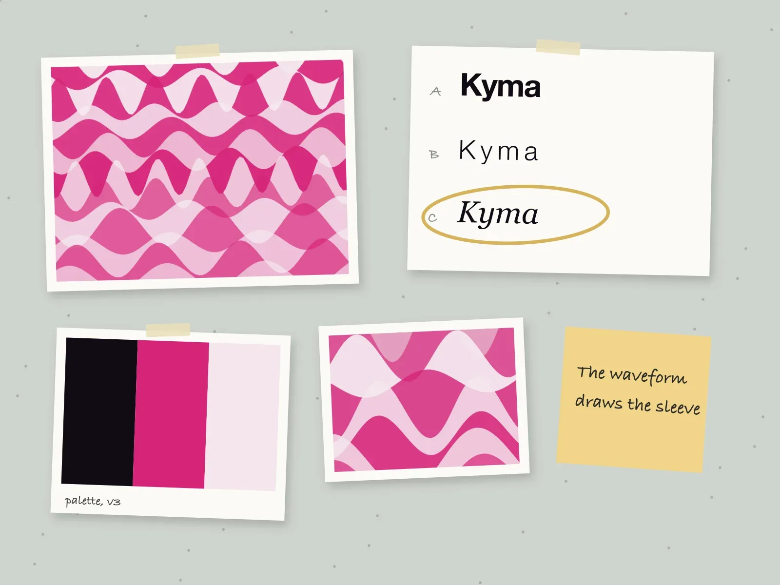 Kyma Records work in progress: the pattern, three wordmark directions with one ringed in gold, the palette and a sticky note pinned to the studio wall