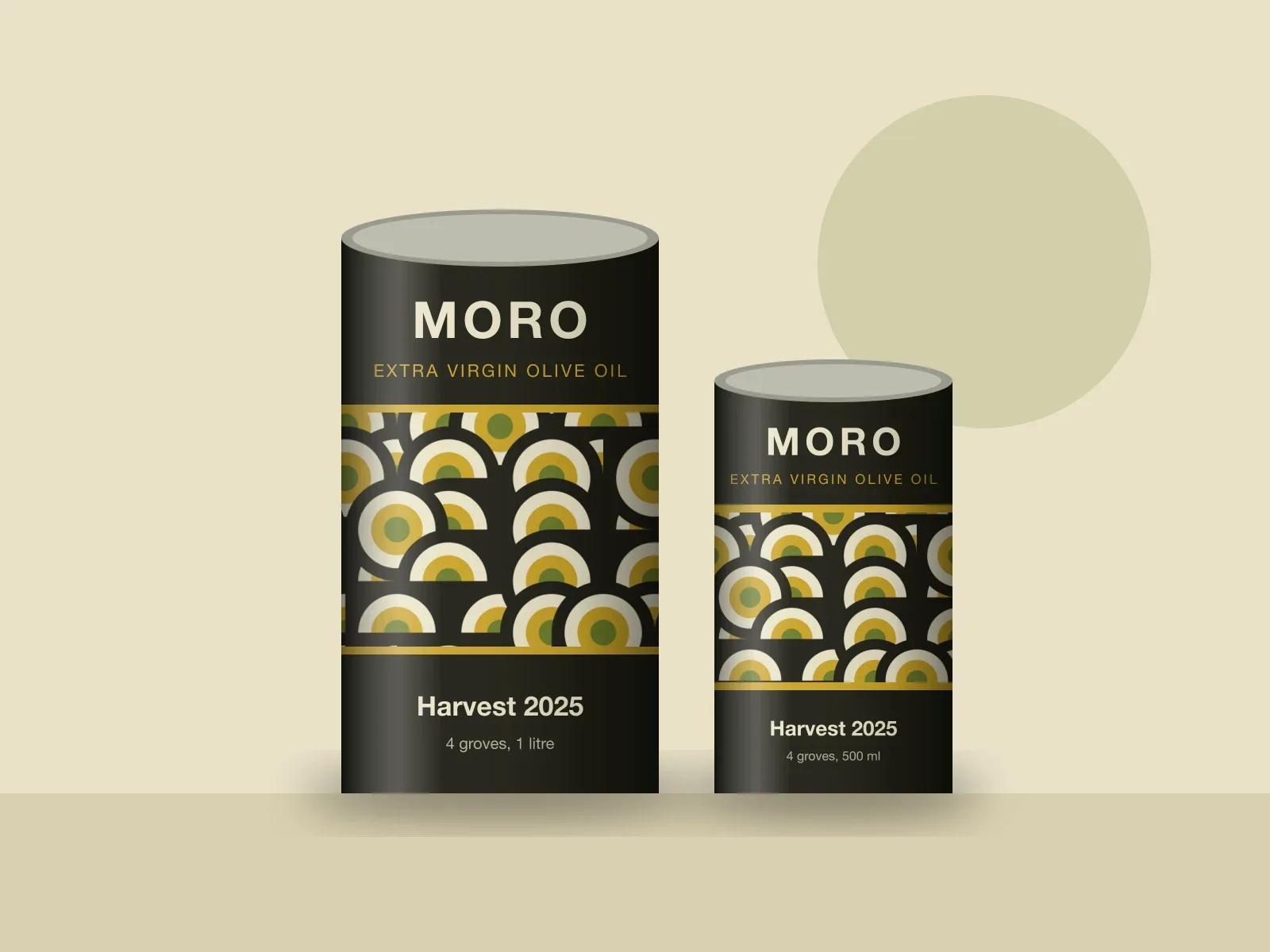 Moro Olive Mill identity applied: two olive oil tins with the harvest ring label