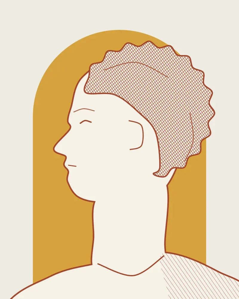 Drawn portrait of Myrto Karali in profile, curly hair, on an ochre arch