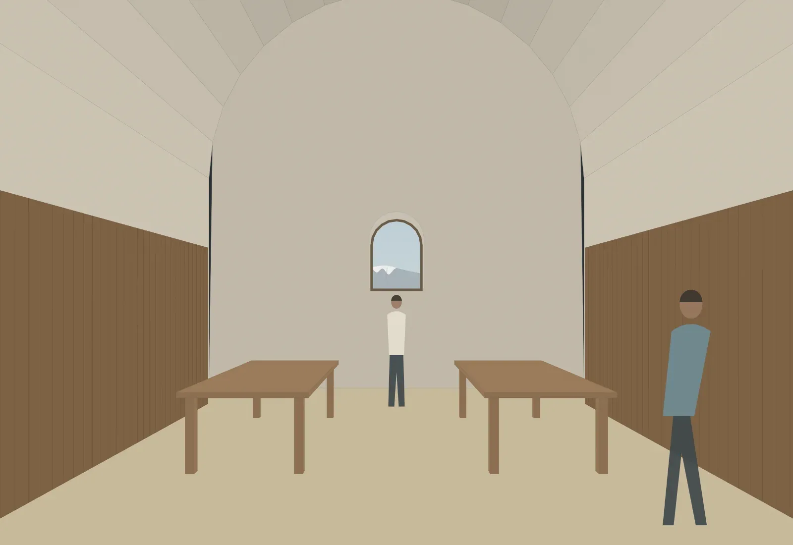 The reading room as it will be: long tables, and light from the top.