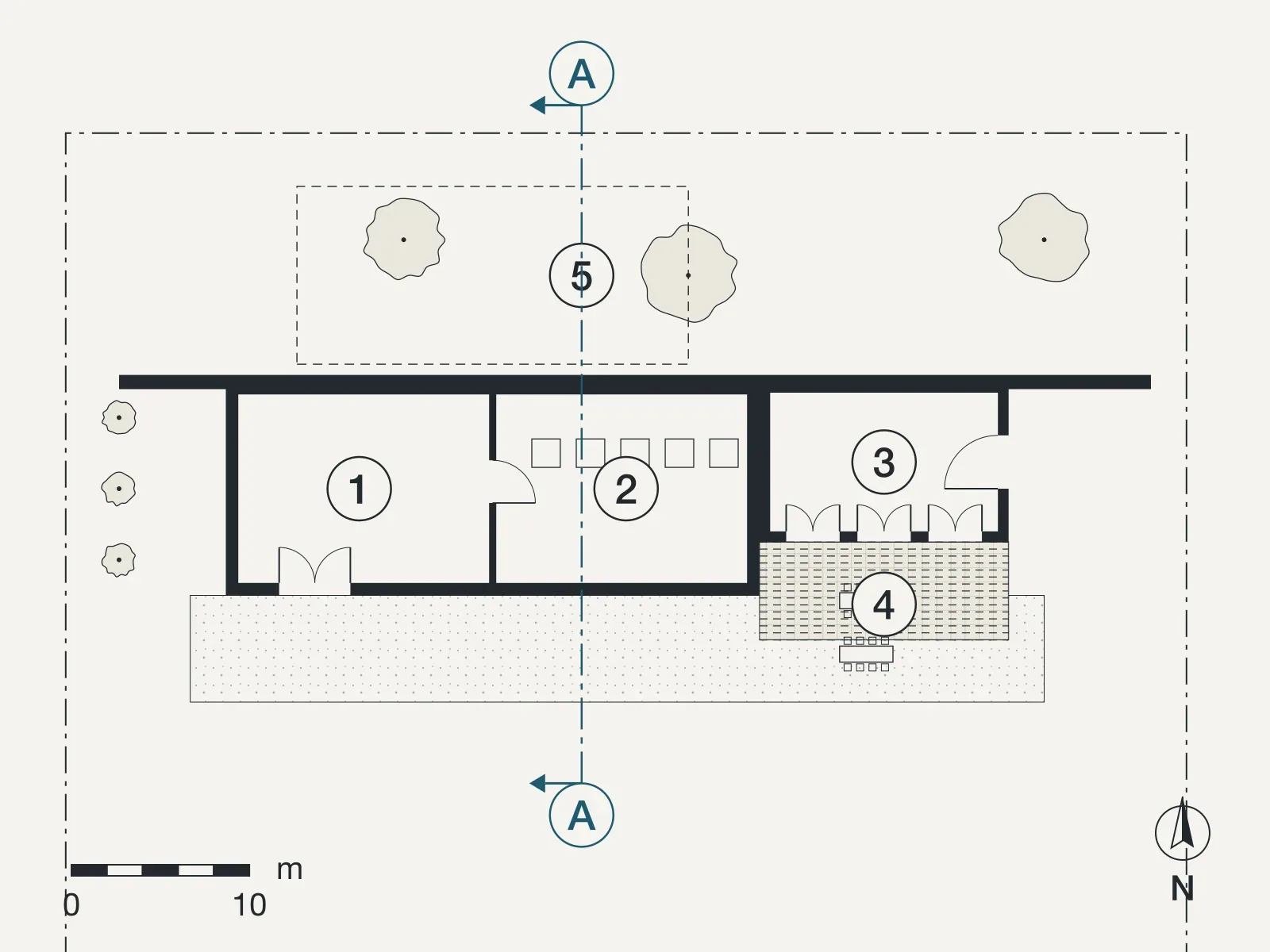 Ground floor plan of Winery at Voukolies, with numbered rooms and the line of section A