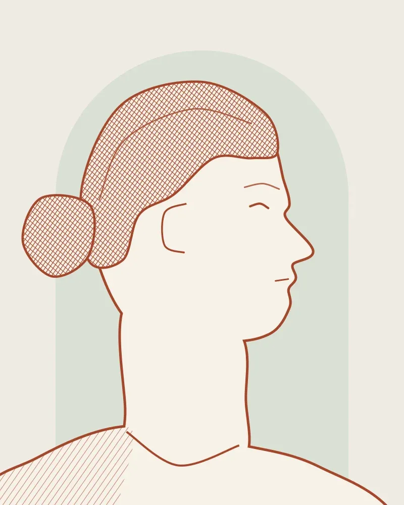 Drawn portrait of Eleni Vardaki in profile, dark hair tied back, on a sage green arch