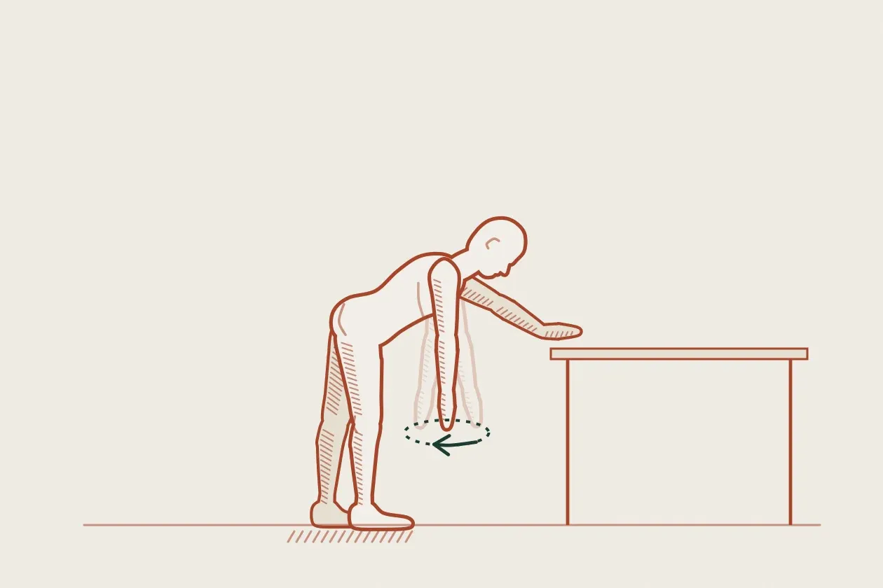 Exercise drawing: a figure leaning on a table with one arm hanging and swinging in small circles