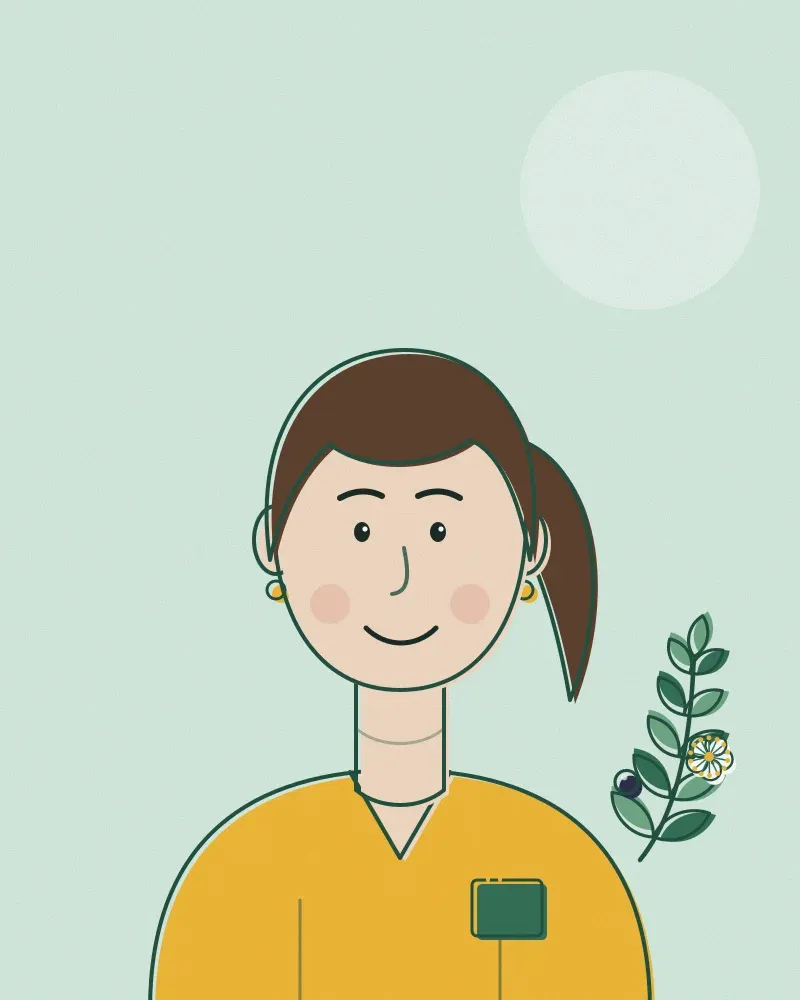 Drawn portrait of Dr Anna-Maria Lekka, brown ponytail, yellow scrubs