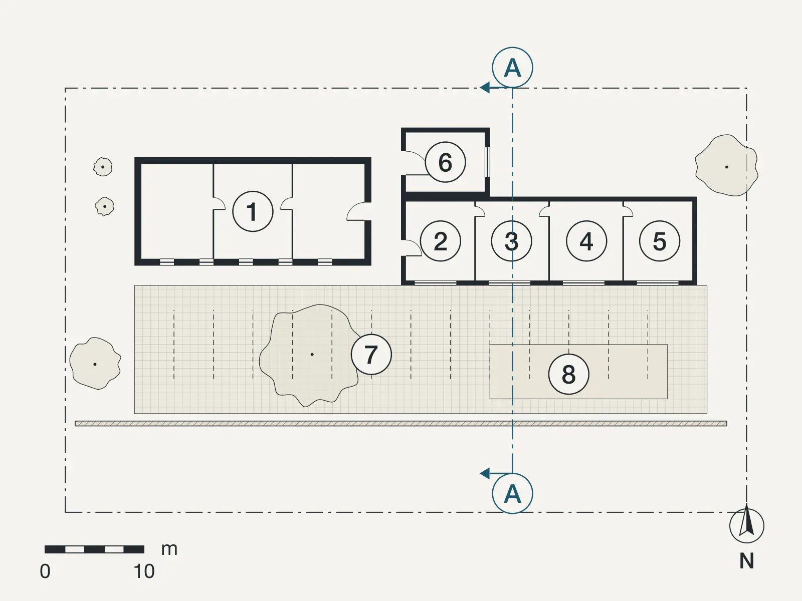 Ground floor plan of Primary school at Vamos, with numbered rooms and the line of section A