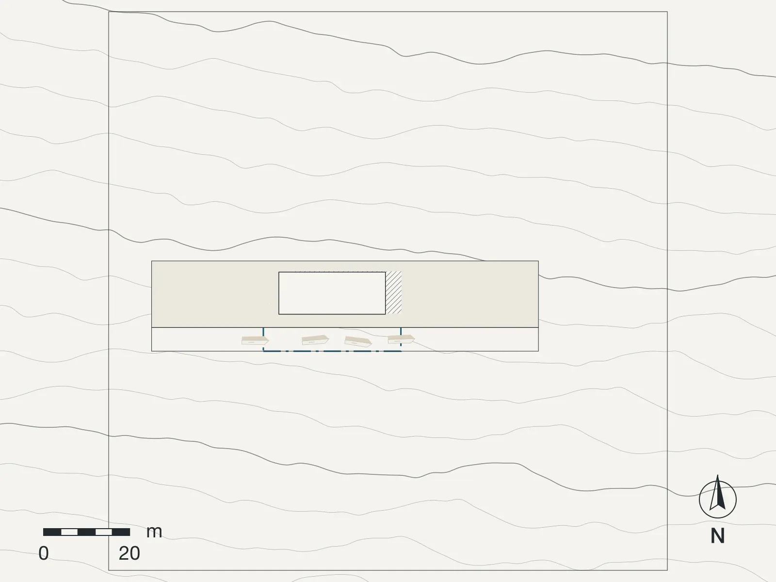 Site plan of Harbour pavilion, Chania: roofs, shadows, contours and the boundary