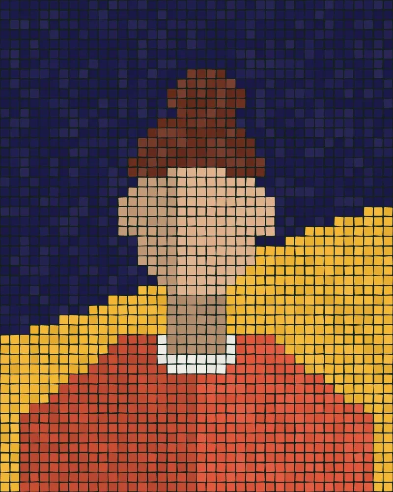 Mosaic portrait of Chara Vlachou, motion and illustration, set in small square tiles