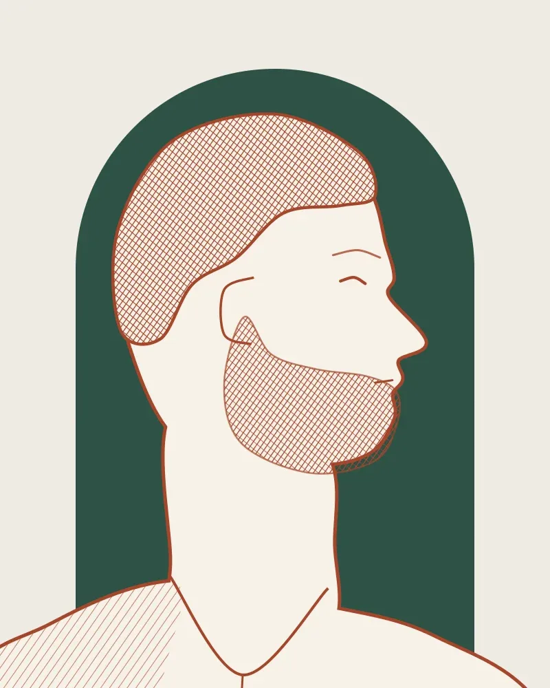 Drawn portrait of Nikos Anagnostou in profile, short hair and a short beard, on a dark green arch