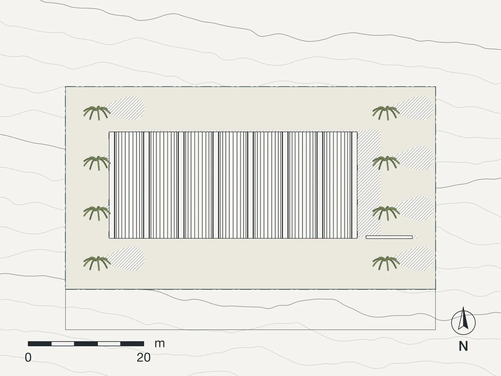 Site plan of Market hall, Kissamos: roofs, shadows, contours and the boundary