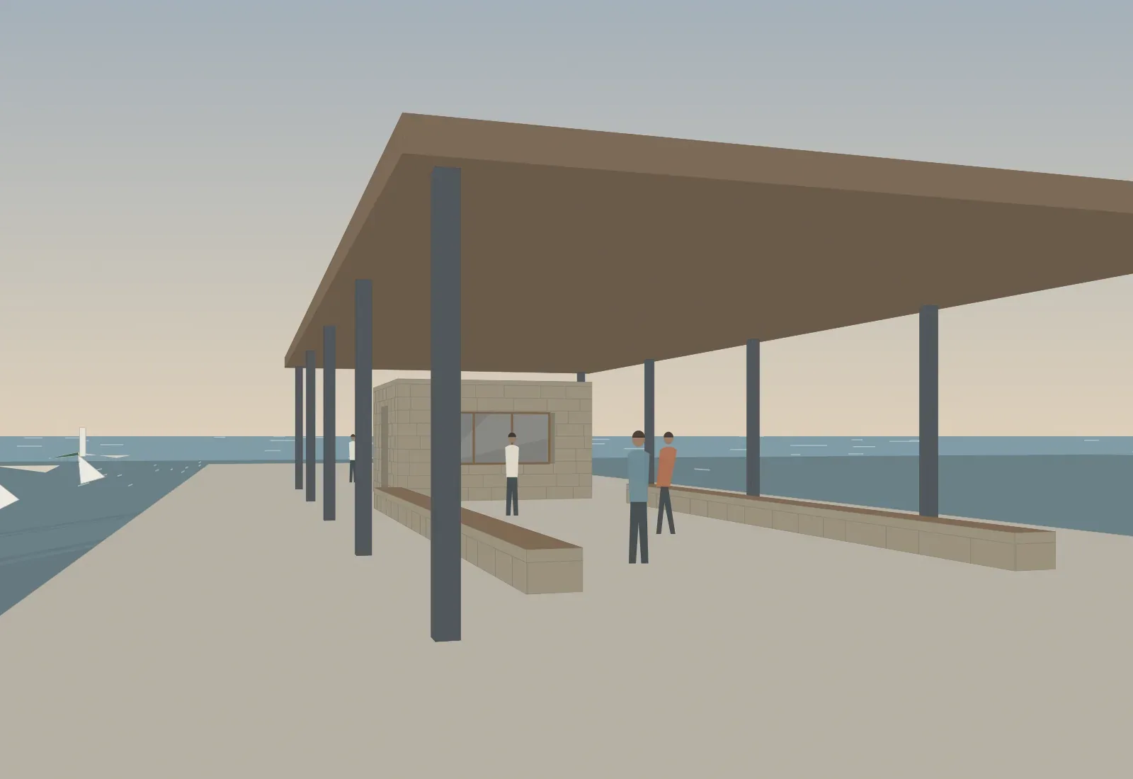Competition drawing: the pavilion in the evening, looking west along the mole.