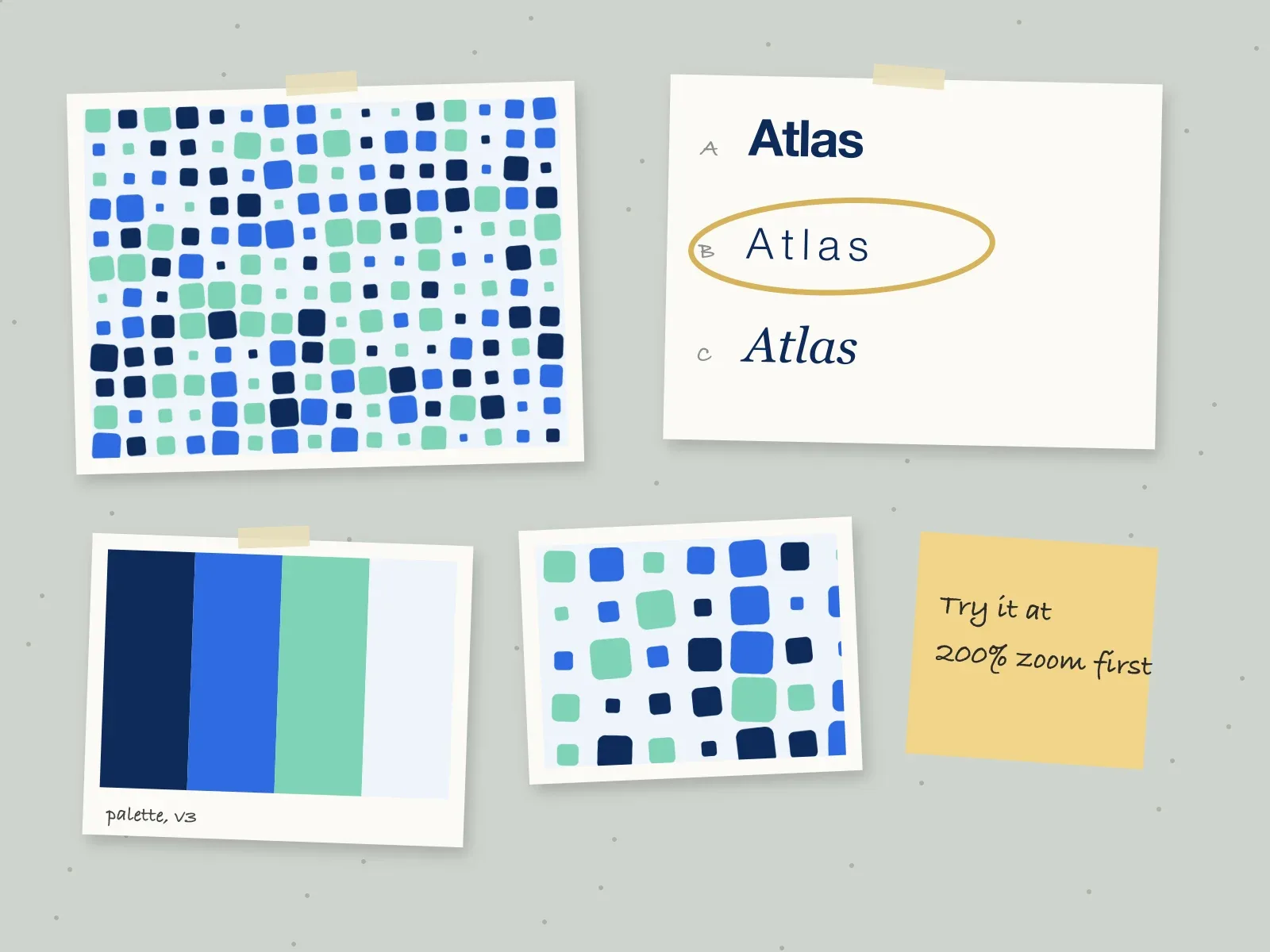 Atlas Clinics work in progress: the pattern, three wordmark directions with one ringed in gold, the palette and a sticky note pinned to the studio wall