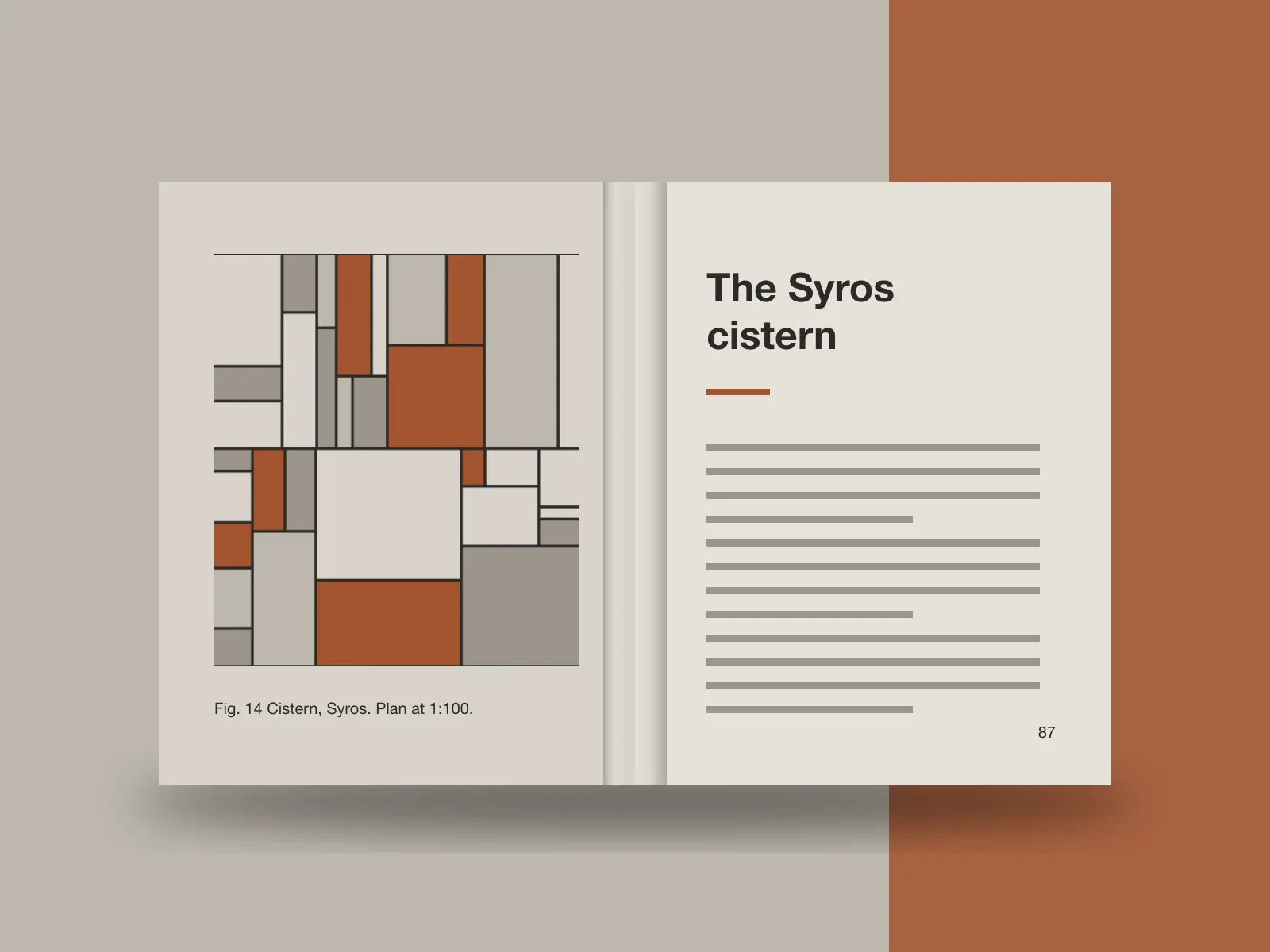 Petra Architects identity applied: the monograph open on a plan and its text