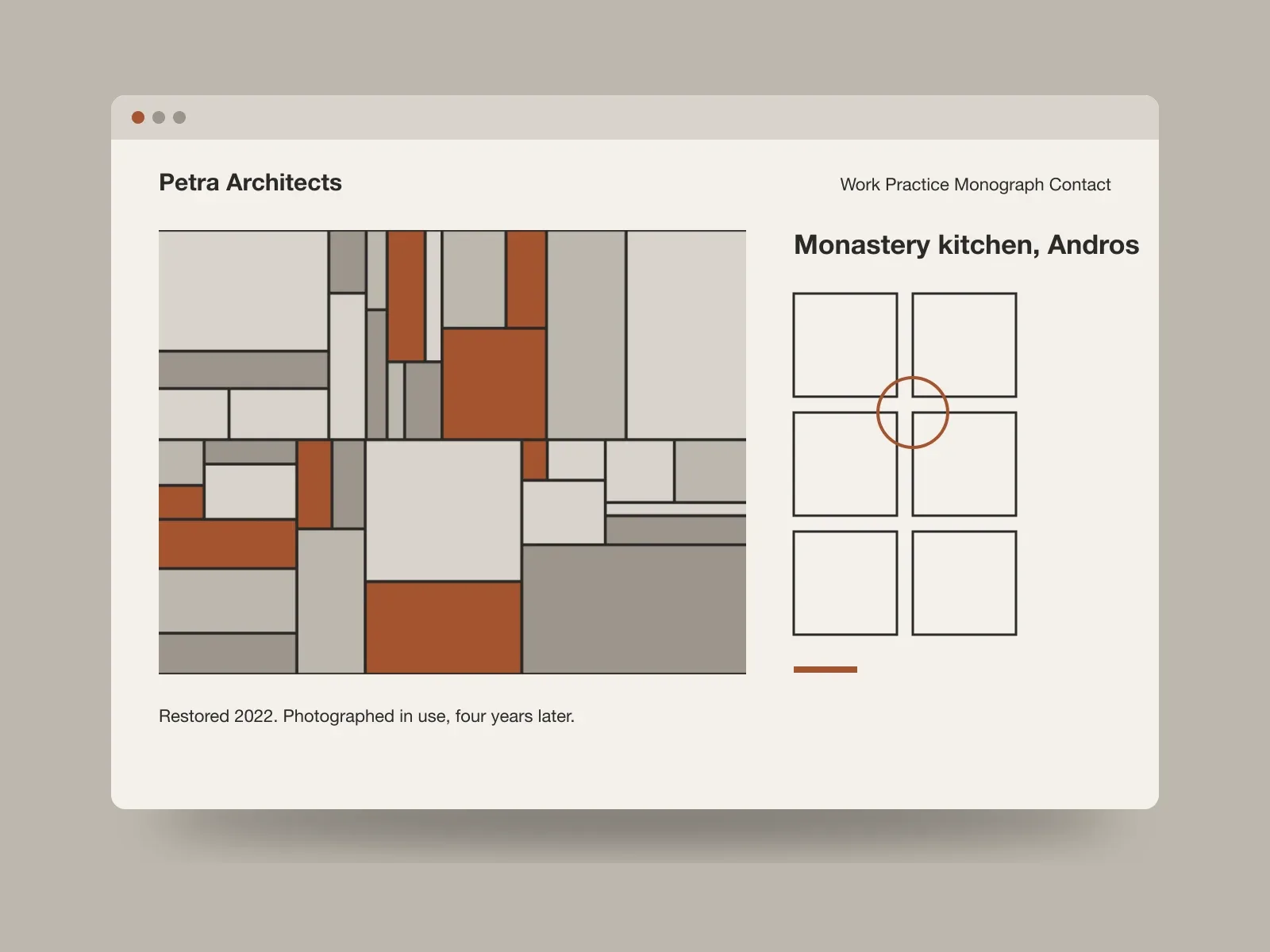 The Petra Architects website in a browser, a restored building beside its floor plan