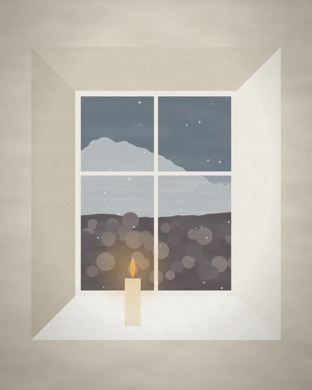 A small window with snow outside and a candle burning on the sill