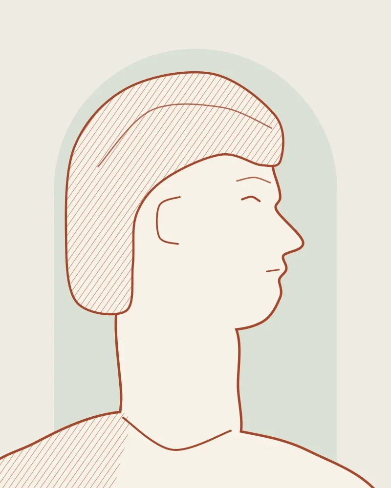 Drawn portrait of Lydia Papaspyrou in profile, a short grey bob, on a sage green arch