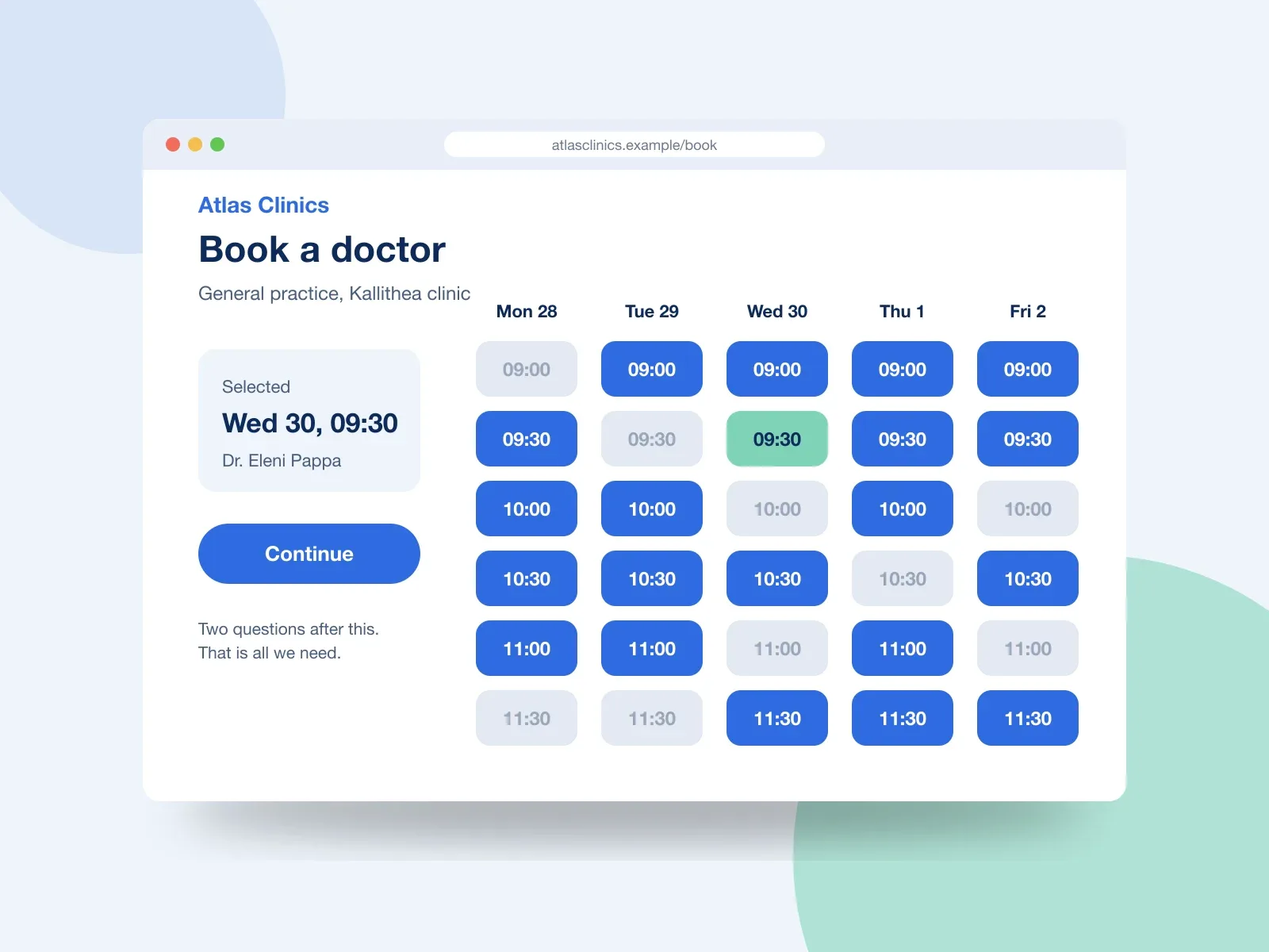 Atlas Clinics identity applied: the appointment booking page in a browser