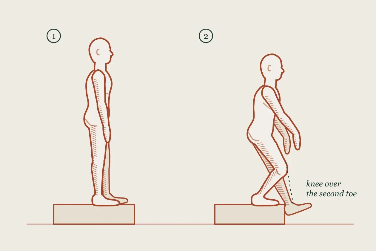 Exercise drawing in two steps: a figure standing sideways on a stair, then bending one knee to lower the other heel