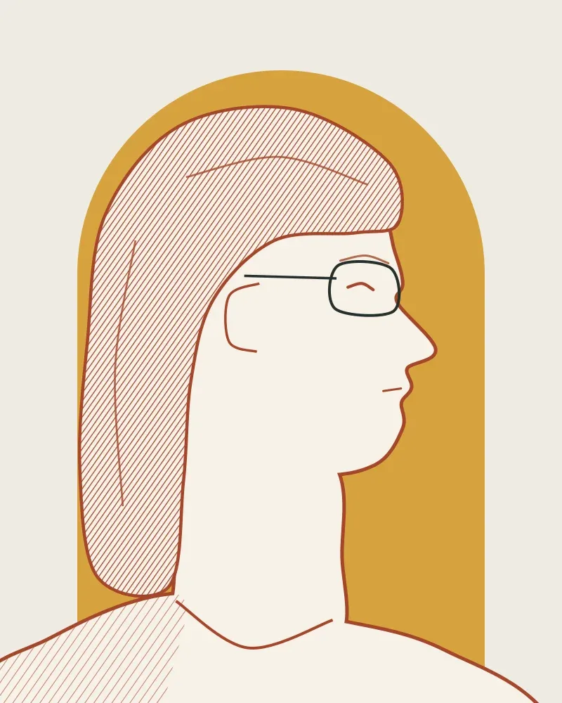 Drawn portrait of Froso Mantzari in profile, shoulder length hair and reading glasses, on an ochre arch