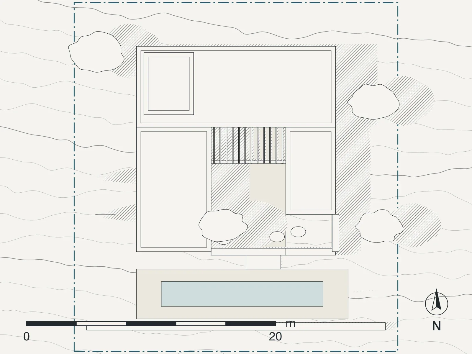 Site plan of House at Kalami: roofs, shadows, contours and the boundary