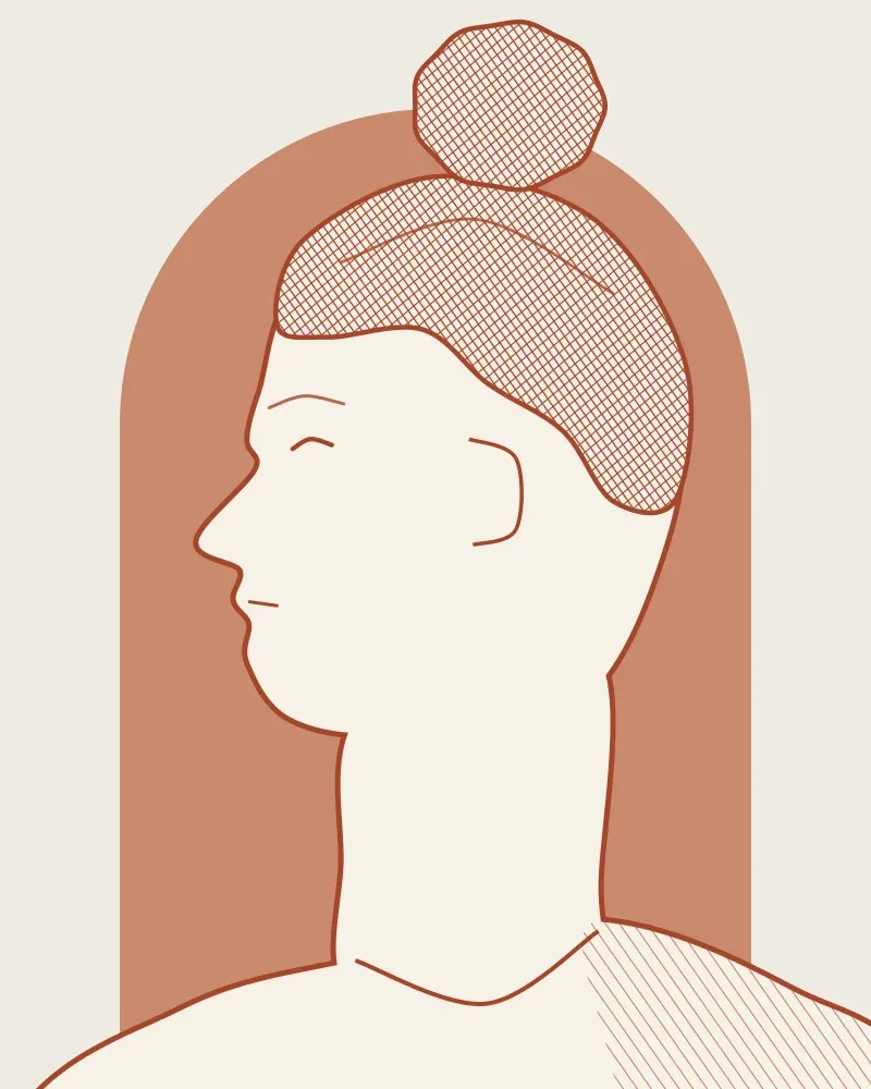 Drawn portrait of Dafni Rigou in profile, hair in a high bun, on a red chalk coloured arch