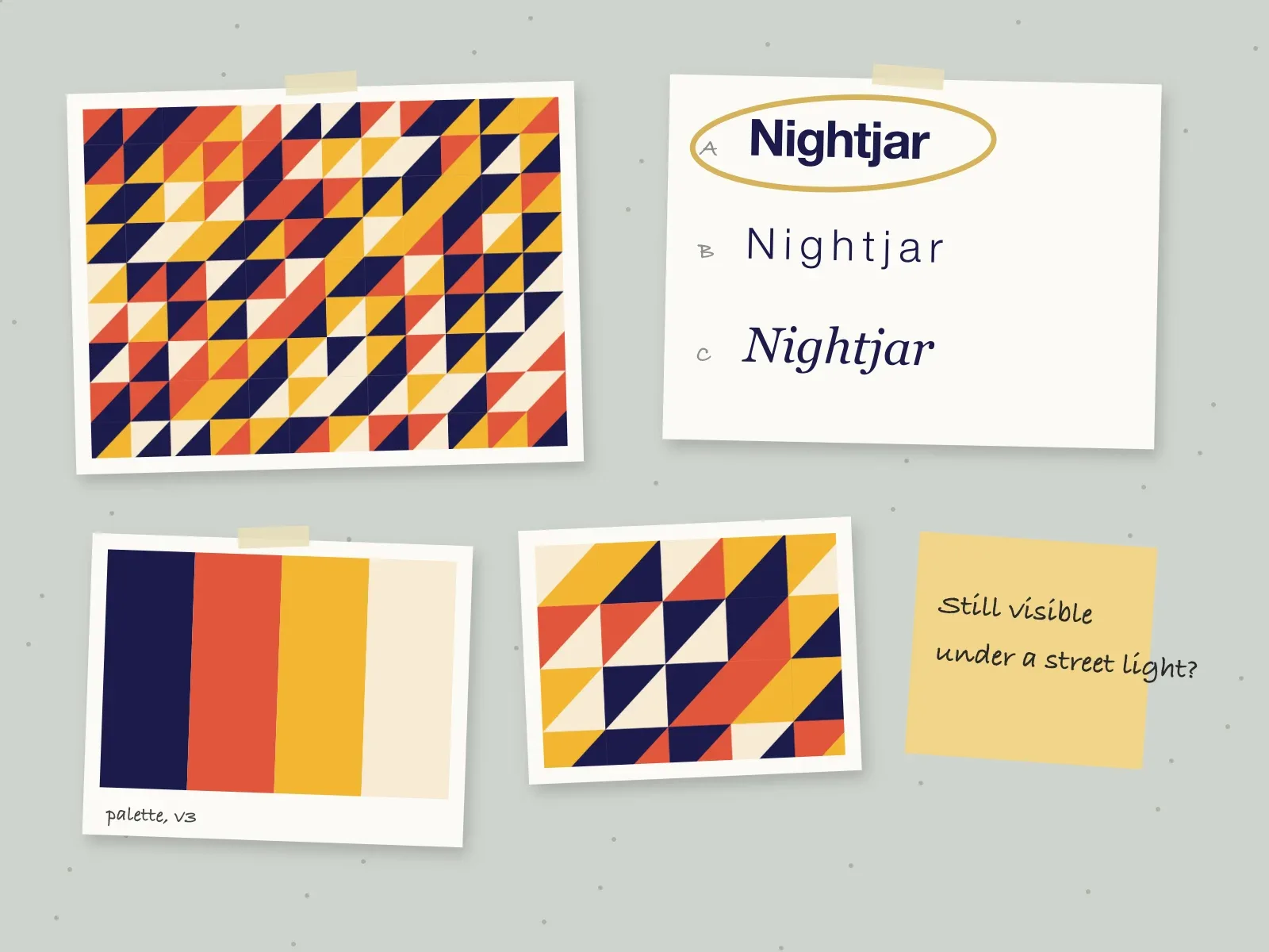 Nightjar Bakery work in progress: the pattern, three wordmark directions with one ringed in gold, the palette and a sticky note pinned to the studio wall