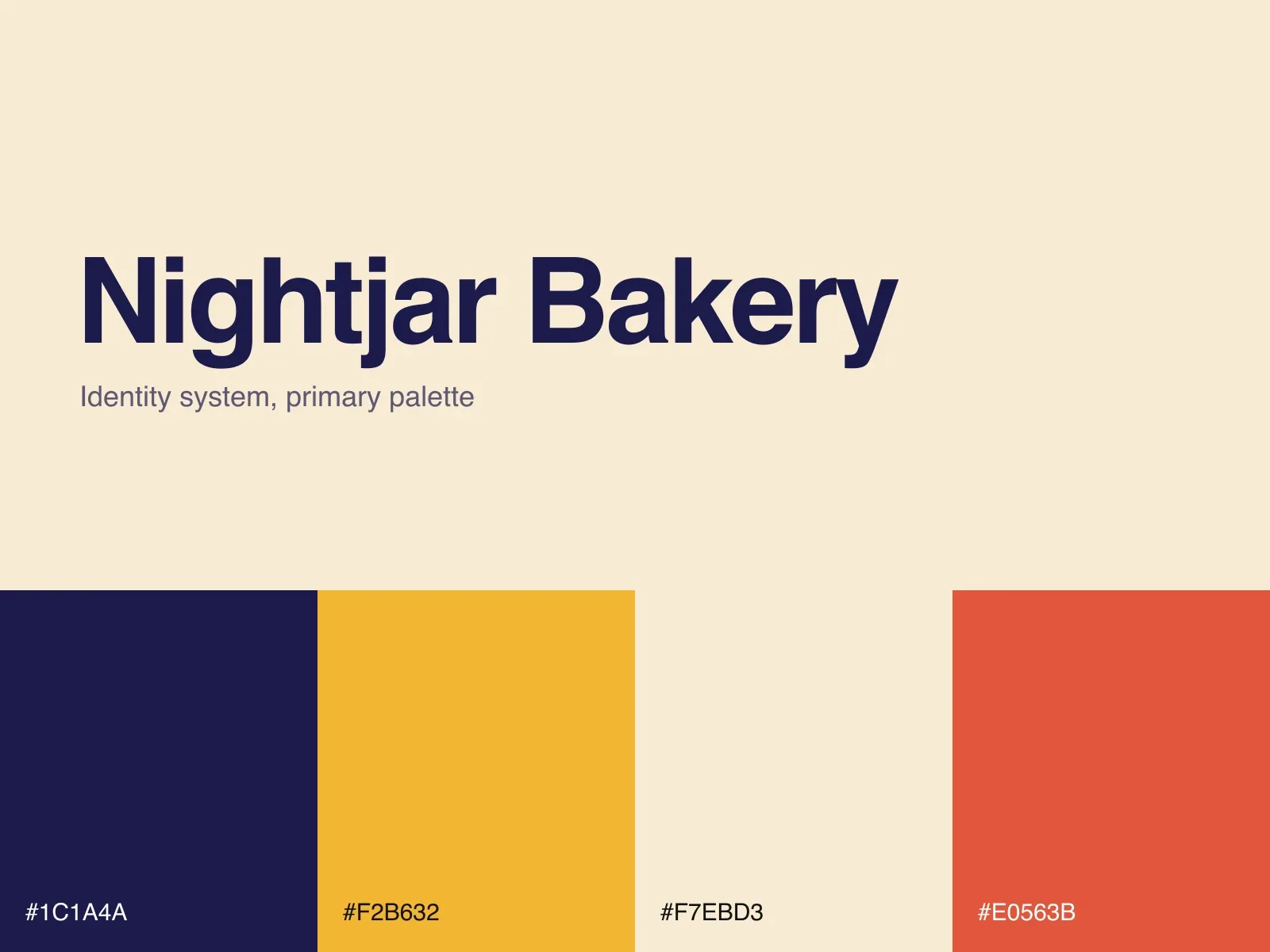 Nightjar Bakery brand sheet: wordmark and primary palette