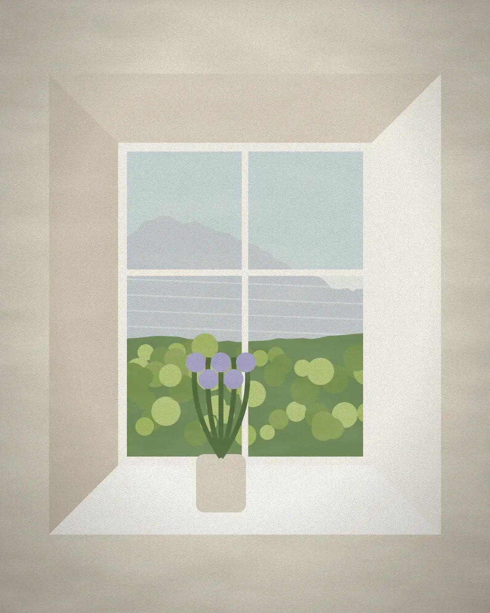 A deep window in a thick wall, spring mountains outside, a jar of wild flowers on the sill