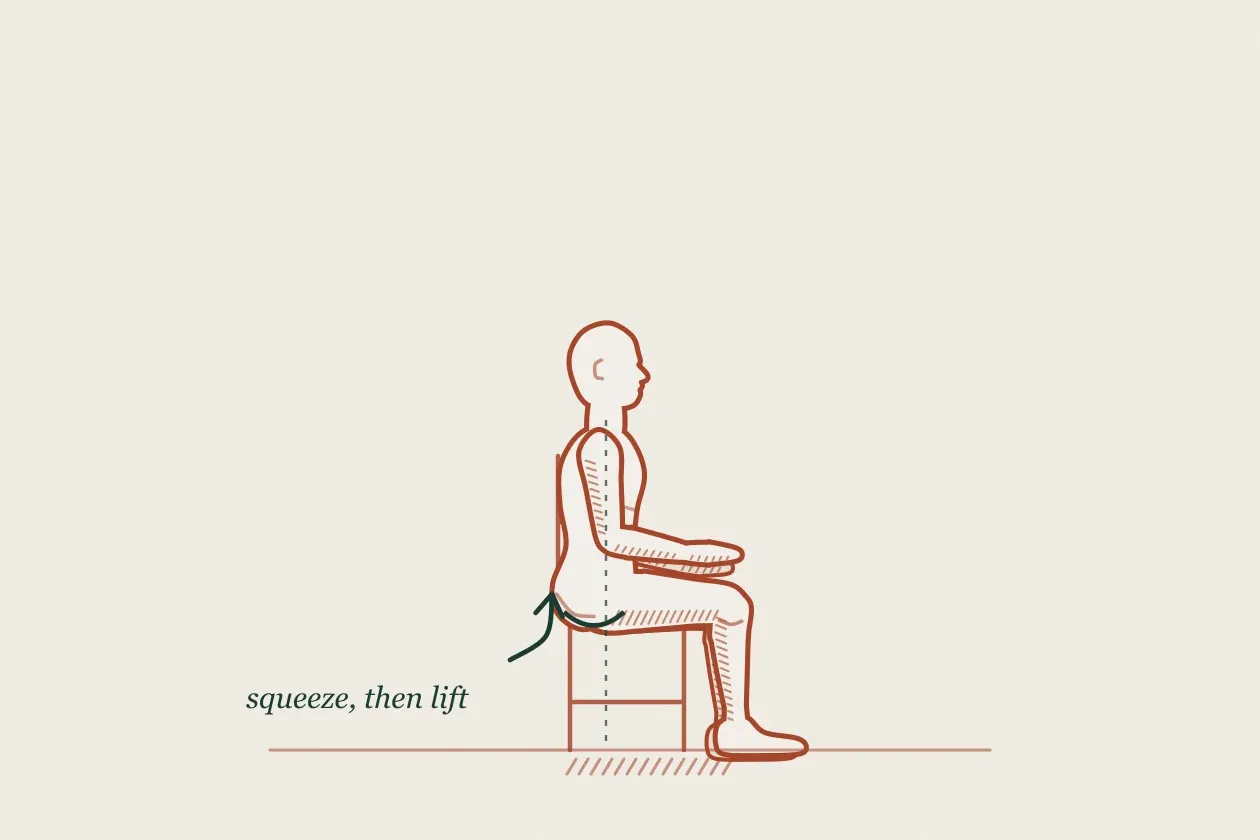 Exercise drawing: a figure sitting upright on a chair, with a small curved arrow lifting under the pelvis